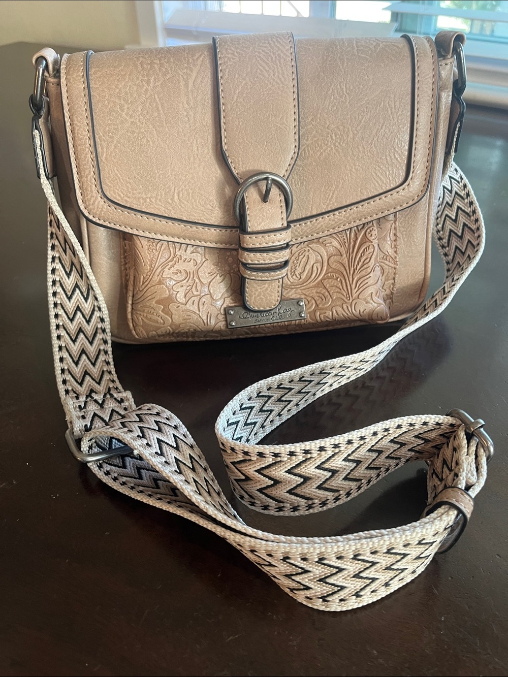 Taupe Crossbody Bag with Patterned Strap - Women Bags